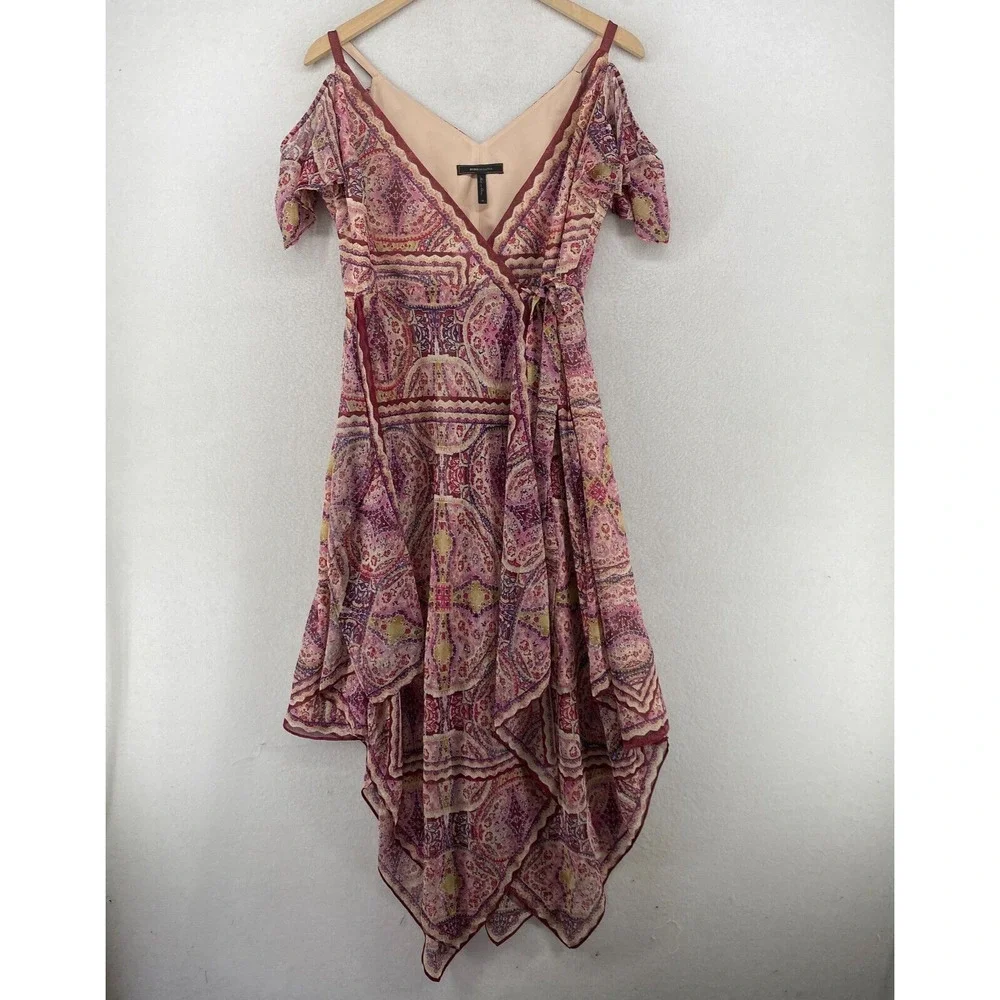 BCBG MAX AZRIA Dress M Wrap Cold Shoulder Paisley Handkerchief Hem Boho Pink